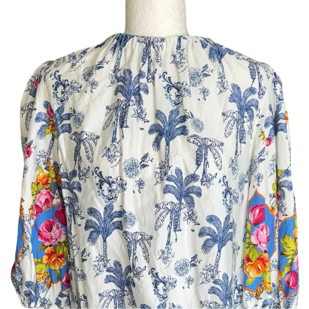 Emily Lovelock Blue Palm Tree Floral Print Puff Sleeve Top - L - Picture 3 of 11